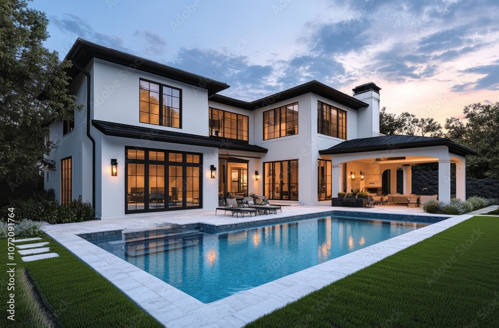 the front view of an elegant two-story modern house in British Columbia, Canada with large windows and white walls. The first floor has stone accents on its exterior wall the front view of an elegant two-story modern house in British Columbia, Canada with large windows and white walls. The first floor has stone accents on its exterior wall