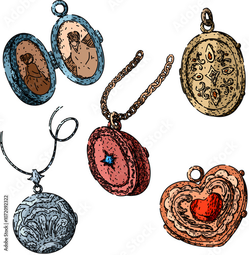 locket set hand drawn. antique jewelry, charm necklace, retro classic locket vector sketch. isolated color illustration