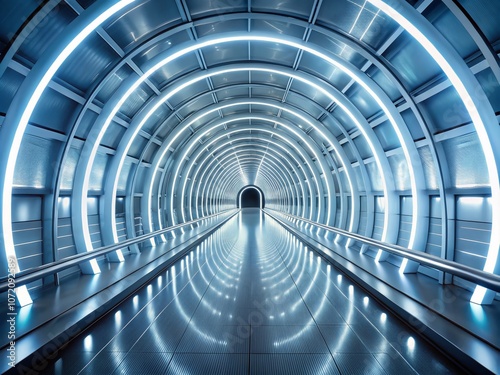 Abstract Futuristic Tunnel with White Neon Lights Creating a Hypnotic Visual Experience in Low Light Photography, Evoking a Sense of Depth and Innovation for Modern Design