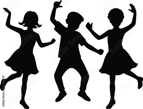 Group of happy kid dancingsilhouette , children raising hand silhouette vector illustration 