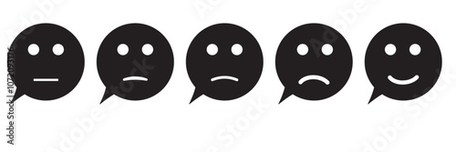 Rating emoji set for customer feedback or product experience in black and white color. Five-star rating emoji icon set. Emoji feedback scale. Rating emoji collection. Vector illustration.