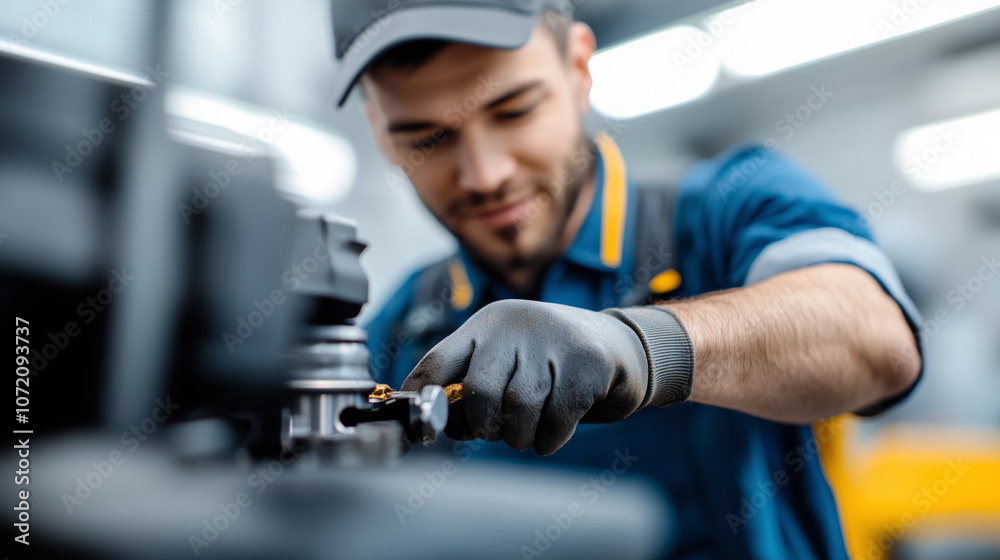 Mechanic in blue uniform adjusting engine components, mechanical experience and commitment in an automotive workshop environment. Mechanic in blue uniform adjusting engine components, mechanical experience and commitment in an automotive workshop environment.