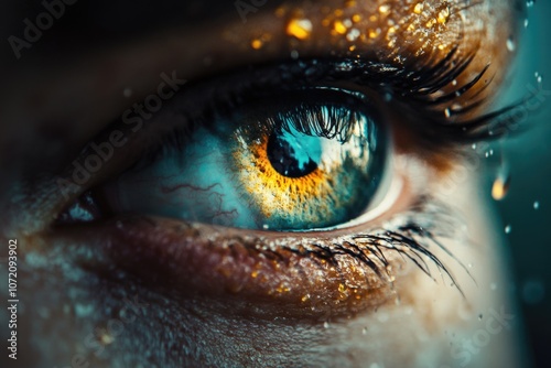 A close-up shot of a person's eye with glitter applied, suitable for use in beauty, fashion, or creative projects