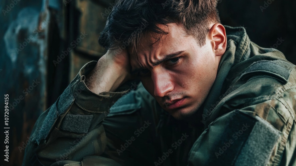 Obraz premium A young soldier in a thoughtful moment reflects on his experiences in a war-torn area during the early morning light