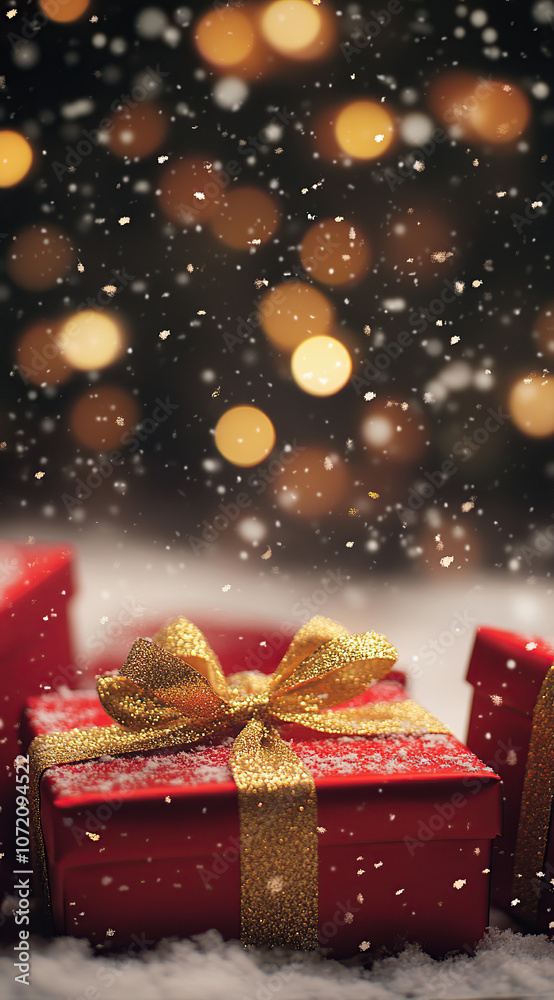 Christmas Presents with Red Wrapping and Golden Glitter Bows, christmas-tree Christmas Presents with Red Wrapping and Golden Glitter Bows, christmas-tree