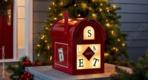 Santas mailbox lantern with little letters softly illuminating a dark area