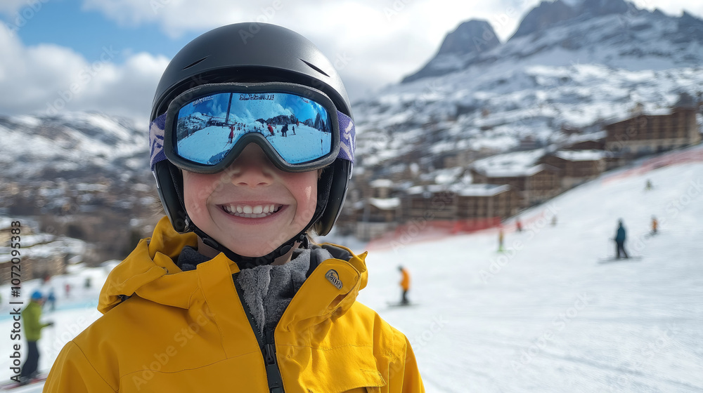Smiling boy in ski clothes, ski goggles and helmet on snowy ski slope background, snowboarder, skier, mountain vacation, holiday, child doing skiing Smiling boy in ski clothes, ski goggles and helmet on snowy ski slope background, snowboarder, skier, mountain vacation, holiday, child doing skiing