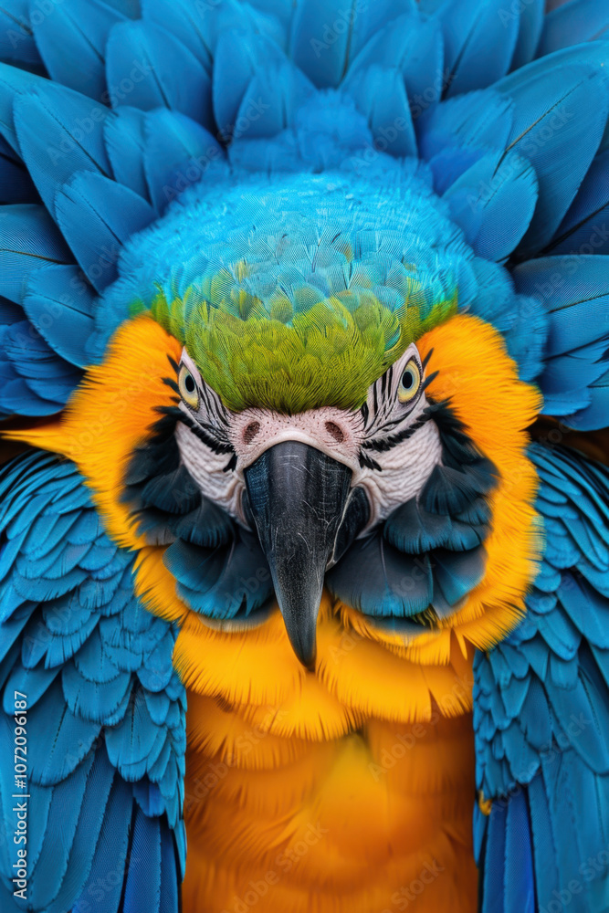 Obraz premium Bird day. Description: A close-up shot of a blue and yellow macaw with an intense gaze, highlighting the intricate feather textures and vibrant colors on a blurred background. 