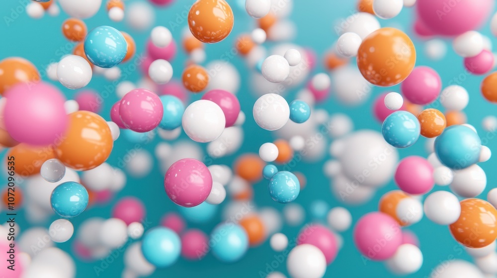 Colorful Abstract Composition of Spheres and Molecules Representing Molecular Structure and Chemical Interaction in a Vibrant Background of Blue and White Tones Colorful Abstract Composition of Spheres and Molecules Representing Molecular Structure and Chemical Interaction in a Vibrant Background of Blue and White Tones