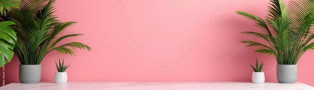 A modern interior scene featuring green potted plants on a white table against a vibrant pink wall. A modern interior scene featuring green potted plants on a white table against a vibrant pink wall.