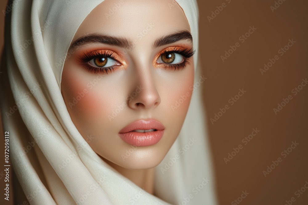 A woman with a white scarf on her head and orange eyeshadow A woman with a white scarf on her head and orange eyeshadow