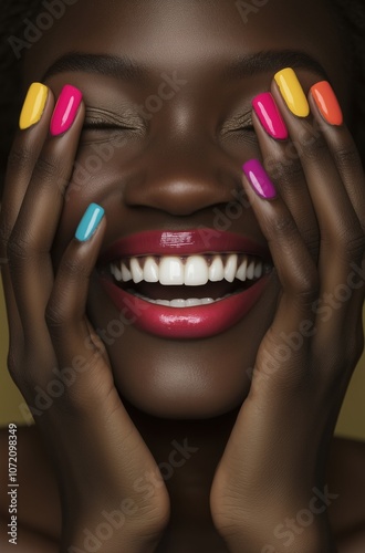 A woman with colorful nails is smiling and holding her hands together