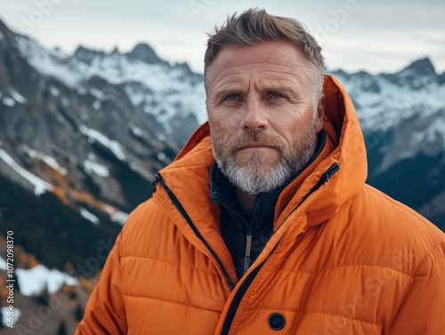 Obraz na płótnie Authentic Outdoor Portrait of a Man Embracing Freedom in Nature, Healthy Lifestyle, Adventure, Mountain Views, Rugged, Wild, Explore, Travel, Man, Portrait, Nature, Landscape, Outdoors, Hiking w salonie