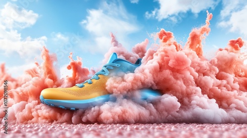 Obraz na płótnie Boost Your Confidence with Athletic Energy, Pink Background, Fun Motivation, Running Shoes, Sporty Lifestyle, Fitness Goals, Activewear, Healthy Habits, Exercise Routine, Strength Training, Cardio w salonie