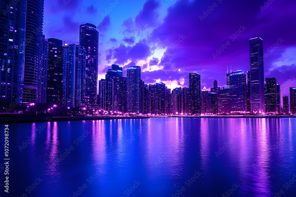 Fototapeta premium Future Dusk: Vibrant Urban Night Skyline with Earthy Tones and Cheerful Highlights