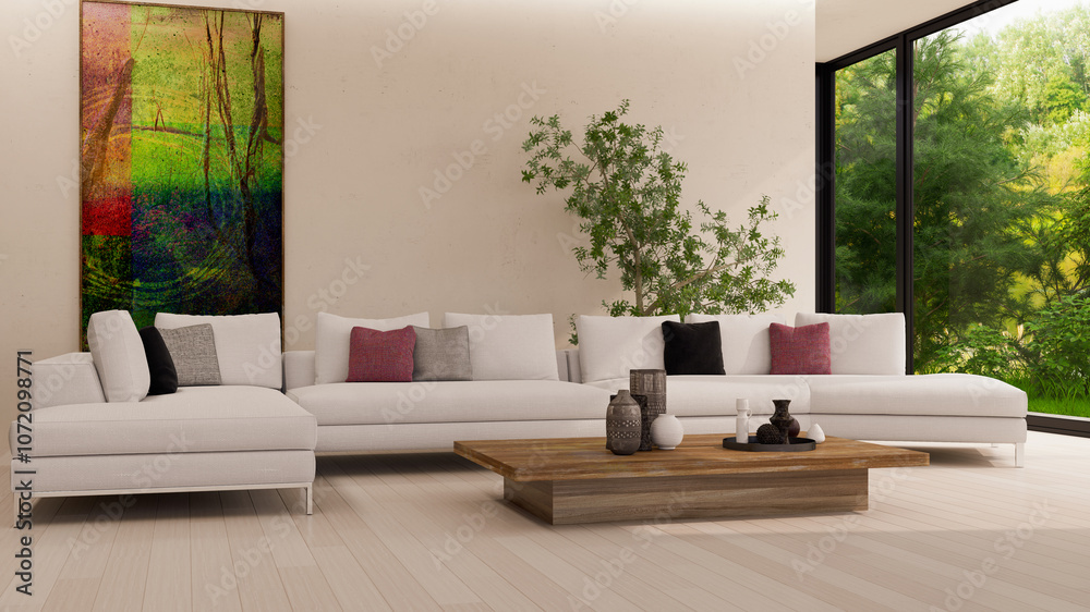 Naklejka premium Large luxury modern bright interiors Living room mockup illustration 3D rendering image