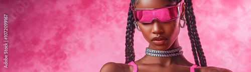 Obraz na płótnie Confident Woman in Athletic Stance, Pink Background, Vibrant Style, Empowerment, Strong Female, Girl Power, Fashion, Beauty, Bold Colors, Trendy Outfit, Stylish Sunglasses, Posing, Modern Style w salonie