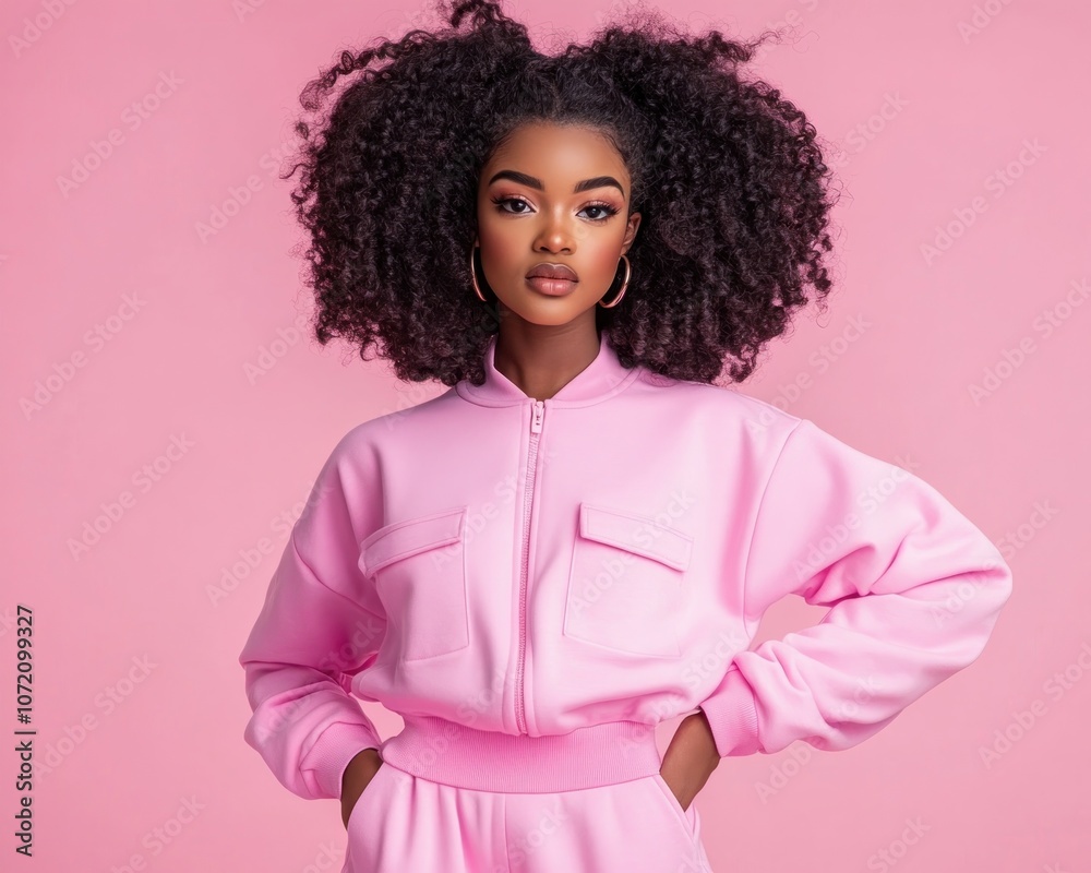 Confident Woman in Stylish Pink Sportswear, Relaxed and Casual, Posing Against a Soft Pink Background Her Outfit Exudes Effortless Style and Comfort Discover the Perfect Blend of Fashion and