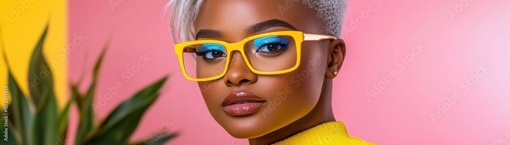 Confident Woman Wearing Yellow Glasses with Pink Background, Casual Style, Fun Energy, Motivational Look, Fashion Photography