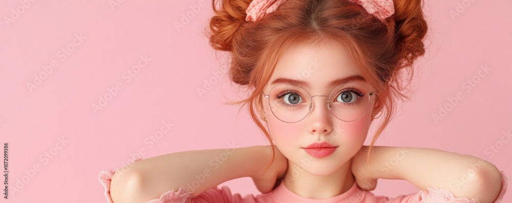 Cute Girl with Pink Bow in Hair, Smiling Confidently on Pink Background, Fun Expression, Girly Style