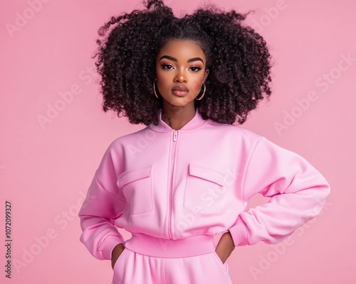 Obraz na płótnie Confident Woman in Stylish Pink Sportswear, Relaxed and Casual, Posing Against a Soft Pink Background Her Outfit Exudes Effortless Style and Comfort Discover the Perfect Blend of Fashion and w salonie