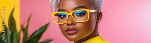 Obraz na płótnie Confident Woman Wearing Yellow Glasses with Pink Background, Casual Style, Fun Energy, Motivational Look, Fashion Photography w salonie
