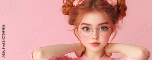Cute Girl with Pink Bow in Hair, Smiling Confidently on Pink Background, Fun Expression, Girly Style