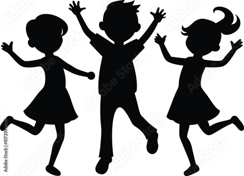 Group of happy kid dancingsilhouette , children raising hand silhouette vector illustration 