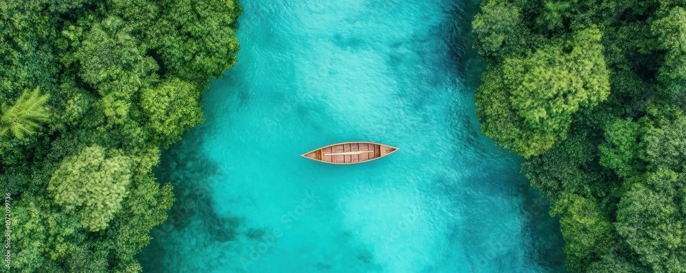 Discover the Serenity of Nature's Embrace A Lone Boat Navigates Pristine Waters Surrounded by Lush Greenery, Offering a Moment of Tranquility and Outdoor Freedom in Authentic Natural Beauty