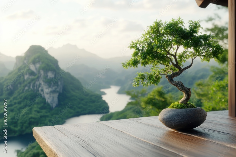Embrace Minimalist Outdoor Style A Bonsai Tree on a Wooden Deck Overlooking Serene Mountain Landscape, Find Inner Peace with Authentic Confidence and Natural Beauty