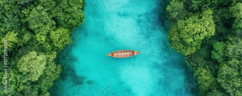 Obraz na płótnie Discover the Serenity of Nature's Embrace A Lone Boat Navigates Pristine Waters Surrounded by Lush Greenery, Offering a Moment of Tranquility and Outdoor Freedom in Authentic Natural Beauty w salonie