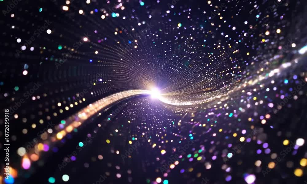 Sparkling bokeh dots move swiftly in a spiral motion against a dark backdrop, creating an enchanting, swirling effect