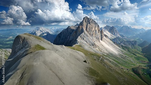 Majestic rocky mountain peak with lush green valleys under a dramatic sky. Scenic alpine landscape for nature and adventure