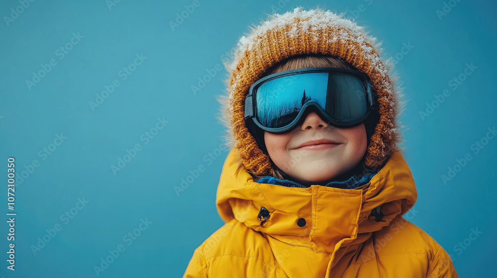 Smiling boy in ski clothes, ski goggles and helmet on blue background, snowboarder, skier, mountain vacation, holiday, child doing skiing Smiling boy in ski clothes, ski goggles and helmet on blue background, snowboarder, skier, mountain vacation, holiday, child doing skiing