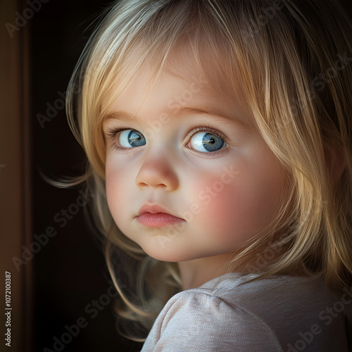 Close-up portrait of pretty young little blond pale unhappy moody friendless child girl looking sadly in camera on blurred sunny outdoors background. Children problems concept