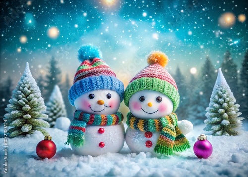 Adorable Aerial View of Two Snowmen Embracing Winter Cheer, Perfect for Seasonal Designs and Holiday Greetings