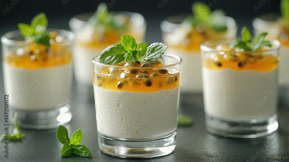 Delightful Passion fruit souffle in Glass Cups with Mint on Dark Background Delightful Passion fruit souffle in Glass Cups with Mint on Dark Background