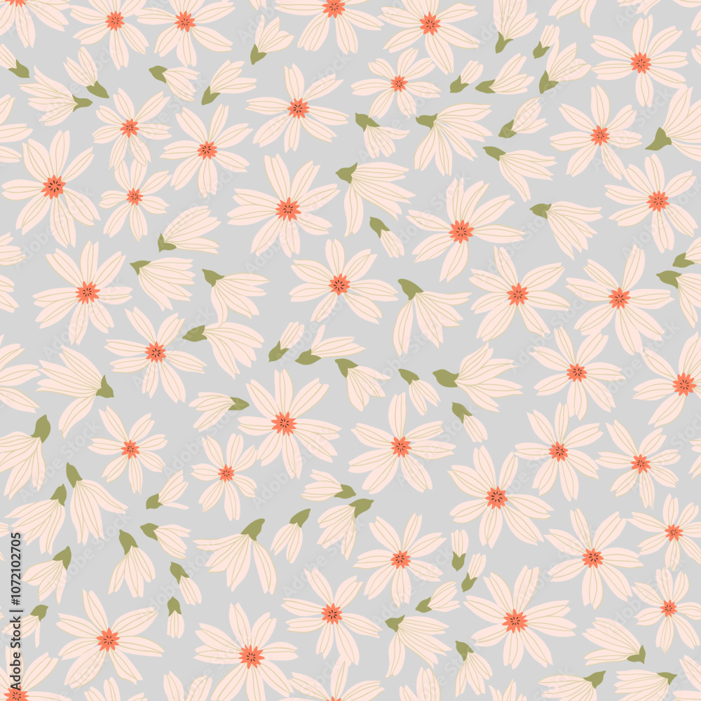 Vintage floral background. Floral pattern with white flowers on a light blue gray background. Seamless pattern for design and fashion prints. Liberty style. Stock vector illustration.