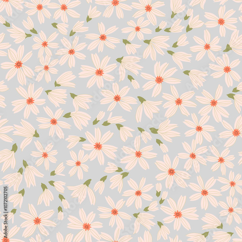 Vintage floral background. Floral pattern with white flowers on a light blue gray background. Seamless pattern for design and fashion prints. Liberty style. Stock vector illustration.