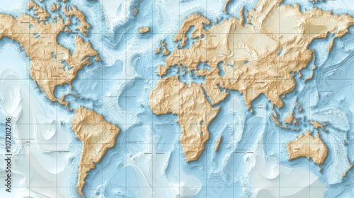 Detailed Topographic World Map with Grid Lines
