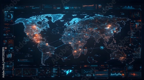 Global Logistics Interface with Holographic World Map and Cargo Transport Routes photo