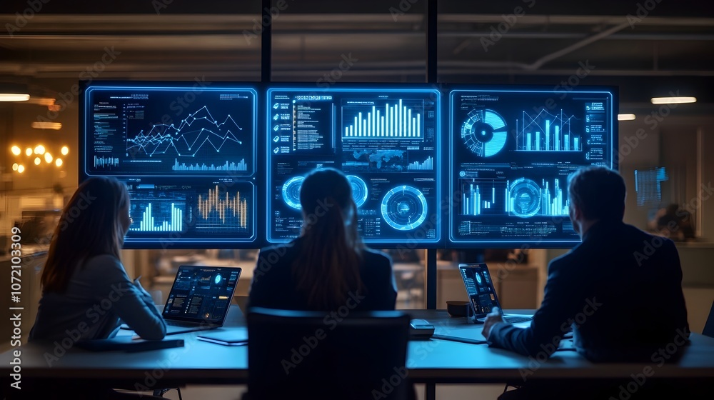 Futuristic Business Team Meeting with Holographic Data Displays Futuristic Business Team Meeting with Holographic Data Displays