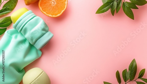 Motivational Girl Power Casual Sportswear on a Pink Background with Fresh Citrus and Greenery, Inspiring Women's Activewear