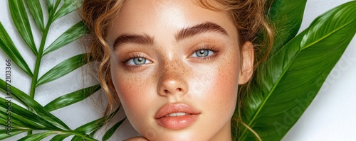 Natural Beauty Portrait Woman with Freckles and Green Foliage, Embracing Individuality in Nature's Simplicity, Capturing Authentic Charm, Feminine Elegance, and Effortless Style