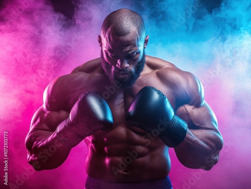 Powerful Boxer with Confident Stance in Dramatic Lighting A Muscular Athlete Ready for the Fight, Exuding Strength and Determination Against a Pink and Blue Background