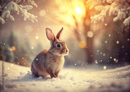 Adorable Vintage Style Photograph of a Cute Rabbit Playing in the Snow with a Soft Focus and Warm Tones, Capturing the Essence of Winter Wonderland in Retro Aesthetic