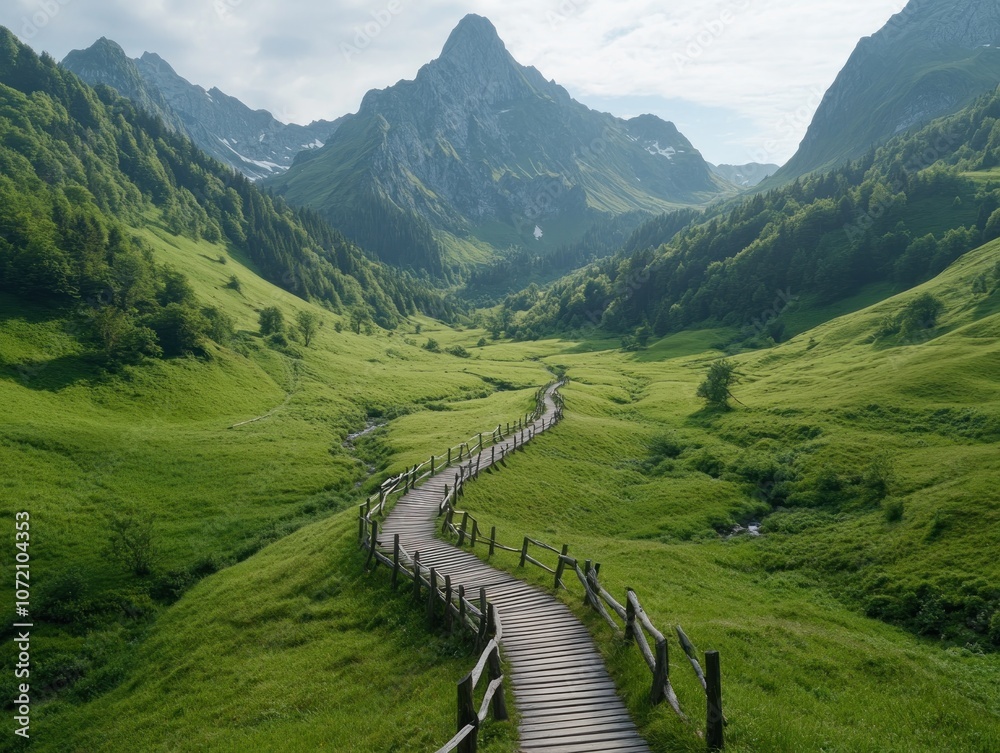Serene Mountain Path Embracing Nature's Simplicity, Finding Freedom on a Winding Wooden Trail Through Lush Green Valley, Minimalist Outdoor Scene, Authentic Wilderness Experience