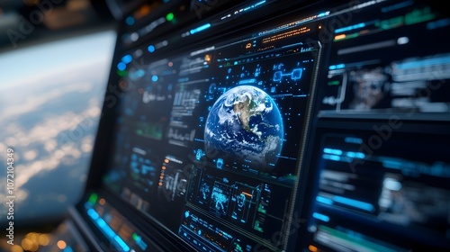 High Tech Holographic Earth Interface with Glowing Digital Networks and Global Connectivity