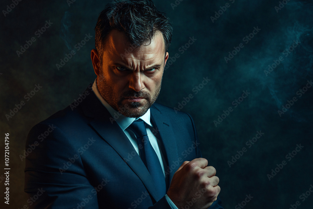 angry man boss in business suit showing his fist over dark background angry man boss in business suit showing his fist over dark background