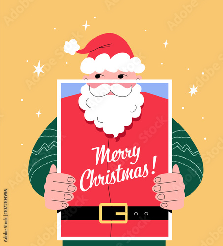 Secret Santa festive vector concept. Illustration of a person holding a large poster with a cheerful Santa Claus design and the words ''Merry Christmas!''. Playful holiday vibe